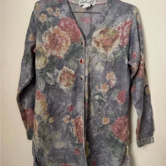 Gabriella T Sweater Womens Size S Floral Watercolor Cardigan Merino Wool - Picture 1 of 6